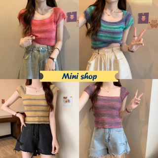 Mini shop🌸พร้อมส่ง🌸 (H015) เสื้อไหมพรมแขนสั้น เว้าหลังผูกหลัง ดีเทลสีสันสดแจ่มมาก  -C