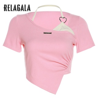 Relagala ใหม่ เสื้อยืดแขนสั้น คอปาด ทรงสลิมฟิต สีพื้น แฟชั่นสําหรับผู้หญิง 2023