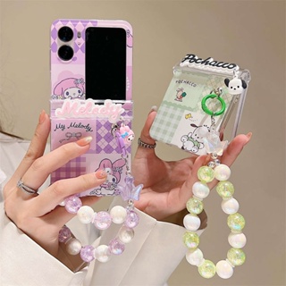 Oppo Find N2 Flip เคสฝาพับ การ์ตูนน่ารัก Hello Kitty Sanrio Melody Cinnamoroll Pochacco น่ารัก ใส เคสป้องกันเต็มรูปแบบ พร้อมสายคล้องข้อมือ