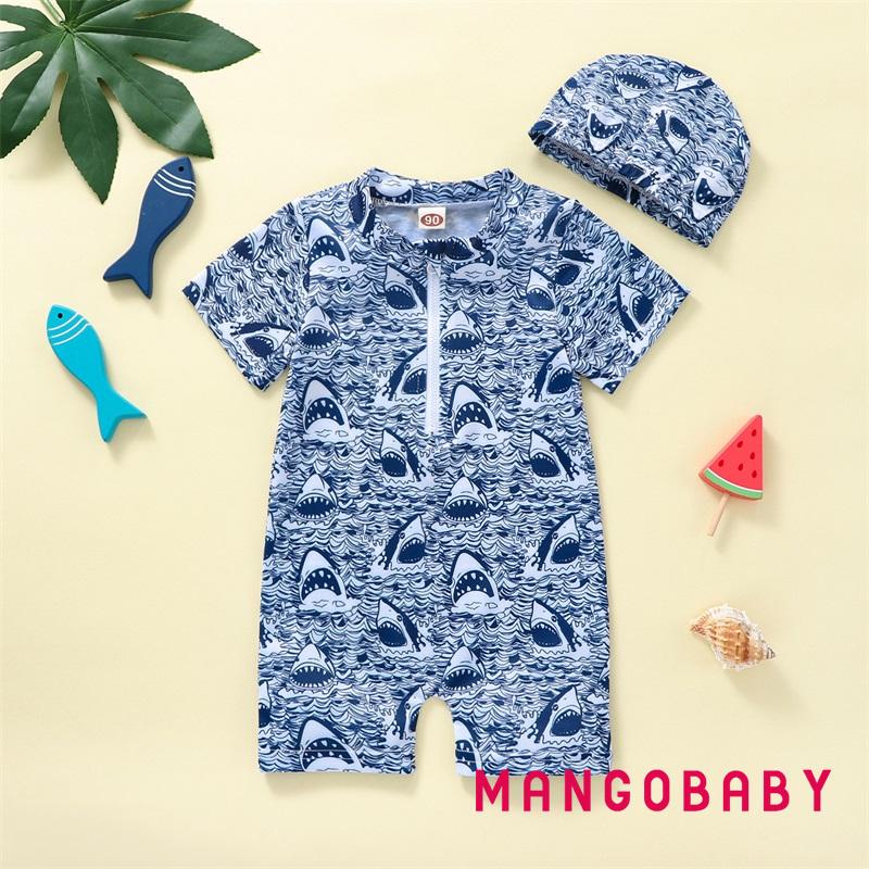 Mgg-toddler Boys Summer Casual Romper ชุดว่ายน้ําแขนสั้น O คอ Shark พิมพ์ซิปชุดว่ายน้ําหมวก