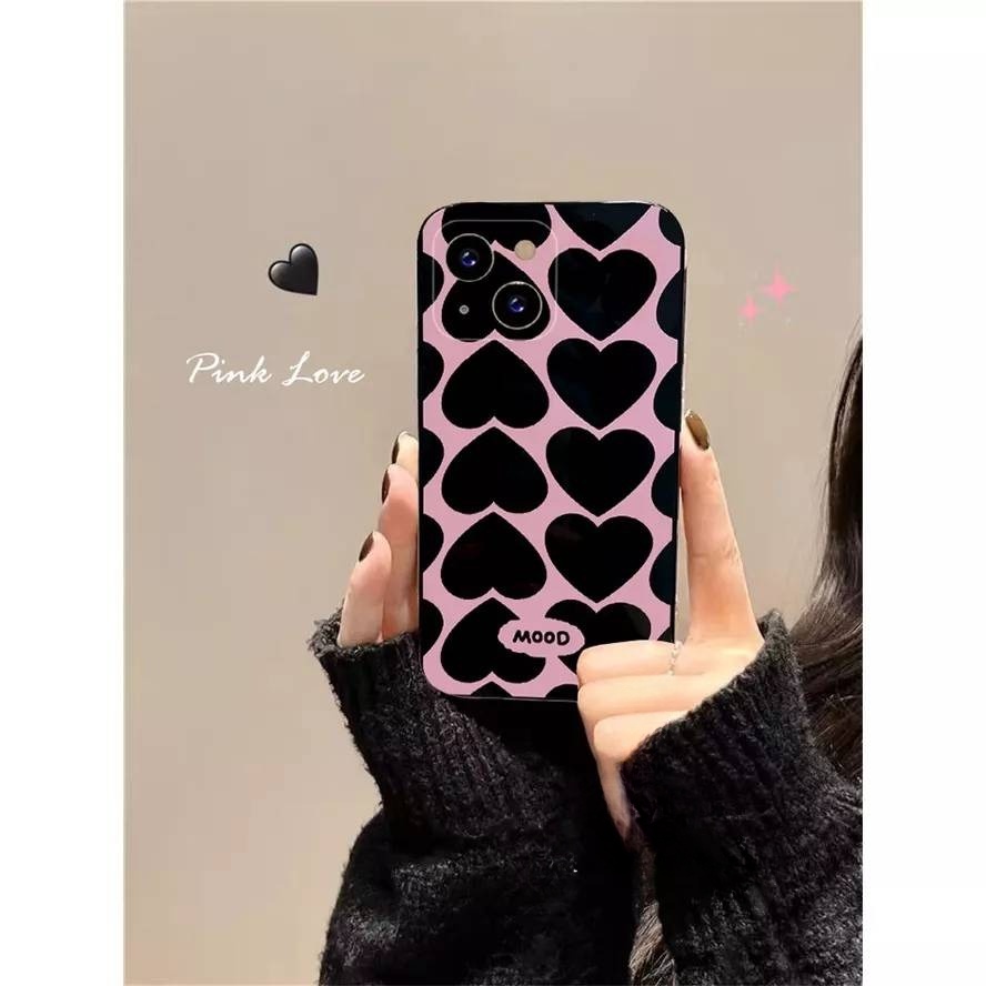 เคสโทรศัพท์สกรีนลายหัวใจสีดำ TPU นิ่ม กันกระแทก สไตล์Y2K สำหรับ13/12/14 Plus Pro Max 8/7 Plus X/XR ทุกรุ่น #5035