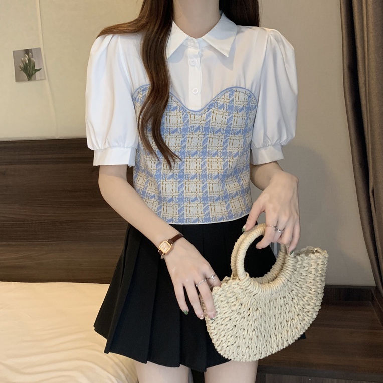 เสื้อโปโลแขนสั้น ลายสก๊อต เซ็กซี่ สไตล์เกาหลี เสื้อเชิ้ตผู้หญิงแฟชั่นฤดูร้อน เสื้อผ้าผู้หญิงสไตล์เกาหลี