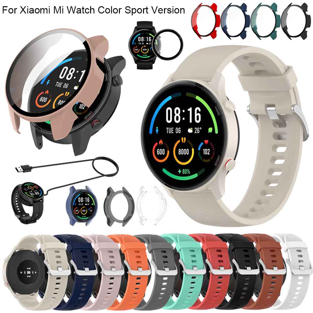สําหรับ Xiaomi Mi Watch Color Sport Strap กระจกนิรภัยกันรอยหน้าจอเคส USB สายชาร์จสมาร์ทวอทช์สายรัด TPU กันชนฝาครอบ