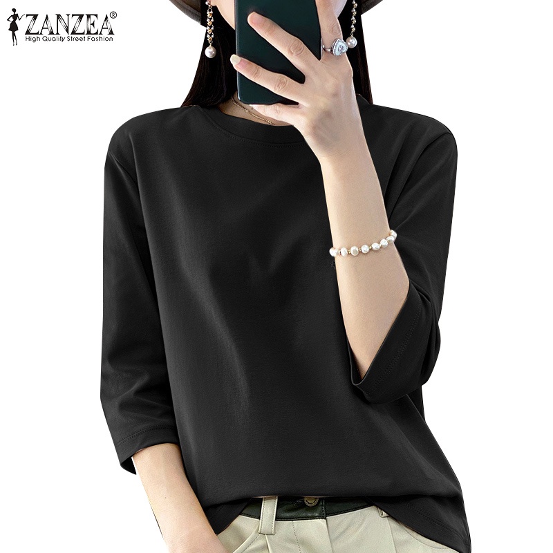 Zanzea เสื้อยืด คอกลม แขนสามส่วน ผ้าถัก ลําลอง สไตล์เกาหลี สําหรับผู้หญิง
