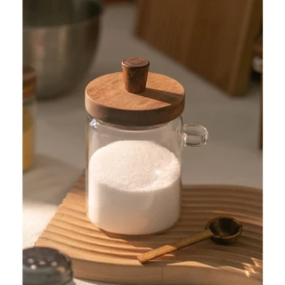 HERA ขวดโหลแก้ว ขวดใส่เครื่องปรุง พร้อมช้อน ฝาปิดไม้ Glass Seasoning Bottle with Spoon Airtight Food Storage Box Wooden Lid