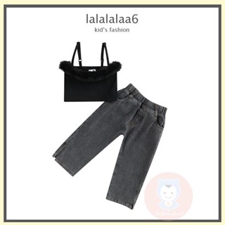 Laa6- เสื้อสายเดี่ยว แขนกุด แต่งขนเฟอร์ แฟชั่นฤดูร้อน พร้อมกางเกงยีน สําหรับเด็กผู้หญิง