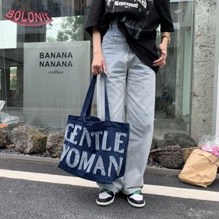 Bo Gentlewoman กระเป๋าสะพายไหล่ กระเป๋าถือ กระเป๋าเมสเซนเจอร์ ผ้ายีน ลายตัวอักษร สามารถปรับได้ จุของได้เยอะ สําหรับผู้หญิง