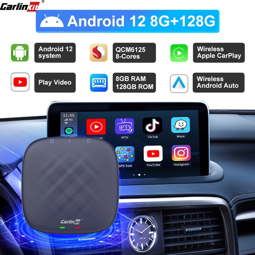 Carlinkit CarPlay Ai TV Box Plus Android12 8+128GB QCM 8-Core 665 6125 Wireless CarPlay Android Auto