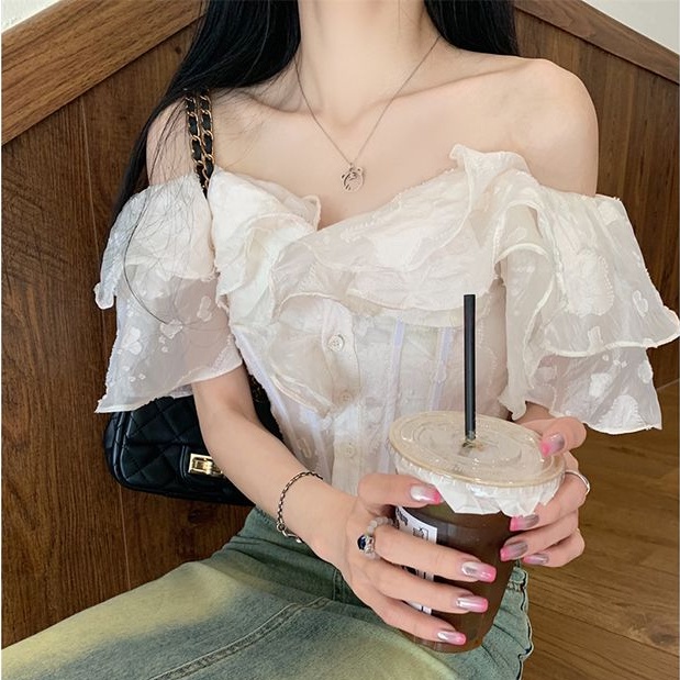 เสื้อเชิ้ตแขนสั้น เปิดไหล่ข้างเดียว ผ้าชีฟอง เข้ารูป เอวแคบ สไตล์ฝรั่งเศส แฟชั่นฤดูร้อน สําหรับผู้หญิง