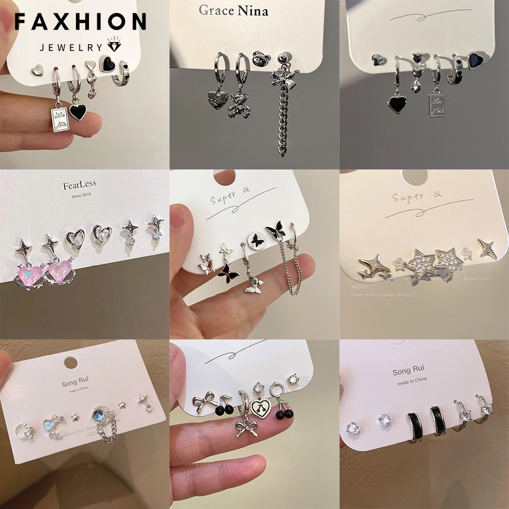 Faxhion Y2K ต่างหูสตั๊ด รูปผีเสื้อ คริสตัล ดาว หัวใจ สีเงิน เครื่องประดับสําหรับผู้หญิง