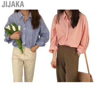 Jijaka Women Casual Shirt  Polyester Fabric Sweat Absorption Long Sleeve Stripe Print Blouse All Season Fit Button Down  for Indoor Outdoor Wear