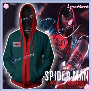 Spider-man: Across the Spider-Verse เสื้อกันหนาว เสื้อฮู้ดดี้ ผ้าถัก มีซิป ลาย Spiderman Miles Morales