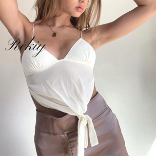 Rekiy เสื้อกล้าม ผ้าตาข่าย ผูกปม เปิดหลัง สีพื้น สําหรับผู้หญิง 2023