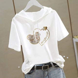 พร้อมส่ง.เสื้อยืดแขนสั้น มีฮู้ด ผ้าฝ้ายแท้ ทรงหลวม ขนาดใหญ่ สีขาว สไตล์เกาหลี อเมริกัน เรโทร สําหรับผู้หญิง T