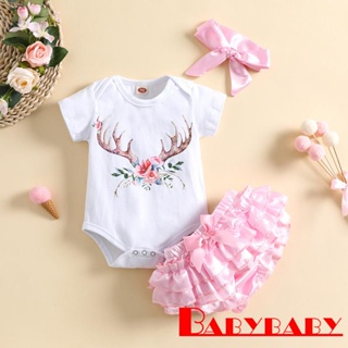 Babybaby- ชุดรอมเปอร์ แขนสั้น ลายดอกไม้ เขากวาง + กางเกงขาสั้น แต่งระบาย + ที่คาดผม สําหรับเด็ก