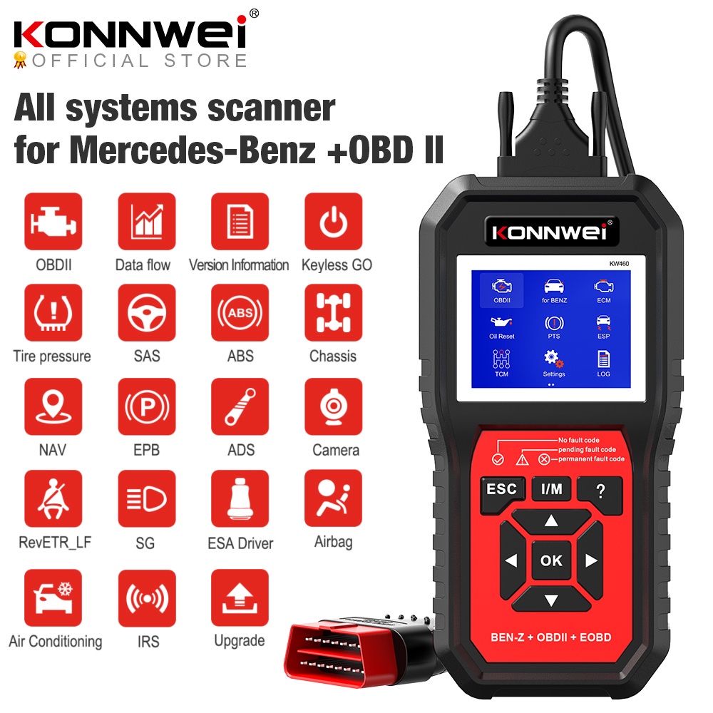 KONNWEI KW460 Obd2 เครื่องสแกนเนอร์สําหรับMercedes-Benz ABSถุงลมนิรภัยน้ํามันABS EPB DPF SRS TPMSรีเซ็ตเต็มระบบเครื่องมือวินิจฉัยW212 Benz