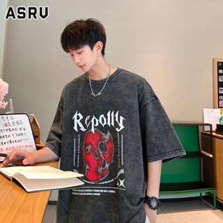 ASRV เสื้อยืด เสื้อยืดคอกลมแขนสั้นผ้าฝ้ายแขนสั้นพิมพ์ลายตัวอักษรย้อนยุคสำหรับผู้ชายที่ล้าสมัย