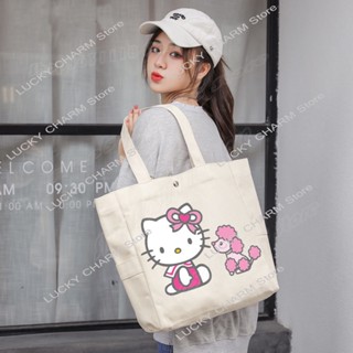 SANRIO กระเป๋าถือ กระเป๋าช้อปปิ้ง ผ้าแคนวาส พิมพ์ลายกราฟฟิค Hellon Kitty มีซิป แบบเรียบง่าย แฟชั่นสําหรับสตรี