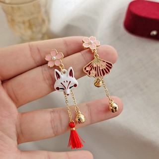 S925 Silver Needle Design Little Fox Demon Mask Girl and Wind Earrings Sweet and Cute Japanese Flower Fox Earrings