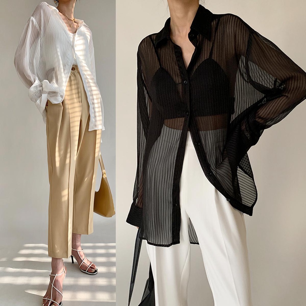 mimi&didi#เสื้อเบลาส์ เสื้อเชิ๊ตสีขาว แขนยาว สไตล์เกาหลี แบบบาง กันแดด แฟชั่นฤดูร้อน สําหรับผู้หญิง #W229