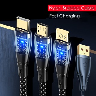 6a สายชาร์จเร็ว สายเคเบิลข้อมูลไนล่อนถัก พร้อมไฟ Led Type C ไฟ Micro USB -ning สําหรับ Android Huawei