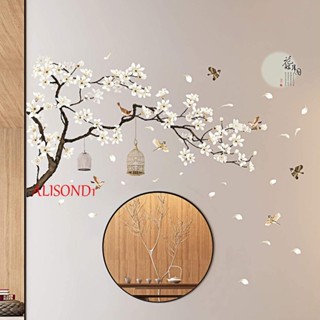 ALISOND1 สติกเกอร์ติดผนัง รูปนกบินเต็มดวง ดอกไม้สีขาว สไตล์จีน ลอกออกได้ DIY