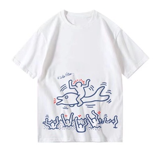 Keith Haring เสื้อยืดแขนสั้น ผ้าฝ้าย 100% พิมพ์ลายกราฟฟิติ ทรงหลวม แฟชั่นฤดูร้อน สําหรับผู้ชาย และผู้หญิง