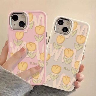 เคสโทรศัพท์มือถือ ซิลิโคนนุ่ม กันกระแทก ลายดอกทิวลิป ปุ่มโลหะ สําหรับ IPhone 14 13 12 11 Pro Max XS X XR 8 + 7 Plus