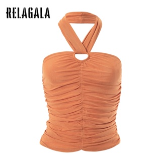 Relagala เสื้อครอปท็อปลําลอง ผ้าตาข่าย จับจีบ เซ็กซี่ สีพื้น แฟชั่นเรียบง่าย สําหรับสตรี 2023