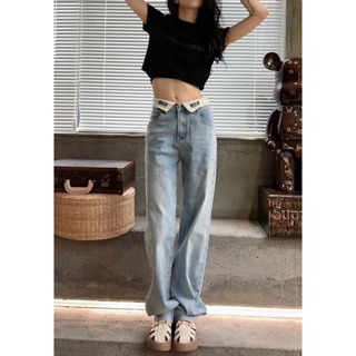 O8FN MIU MIU 23 spring and summer new fashion simple embroidery logo washed old flanging waist design all-match denim trousers