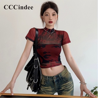 Cccindee ใหม่ เสื้อยืดครอป แขนสั้น คอเต่า เข้ารูป พิมพ์ลาย เซ็กซี่ แฟชั่นสําหรับผู้หญิง 2023