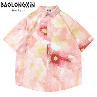 BAOLONGXIN ผู้ชายเสื้อฮาวายย้อนยุคภาพวาดสีน้ำมันดอกไม้บนขี้เกียจอินเทรนด์สบายๆทั้งหมด-การแข่งขันศิ