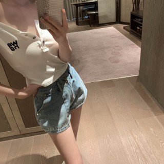 W7A9 Alexander Wang @ 23 spring and summer new pure style embroidered letter button decoration short slim all-match bottoming shirt T-shirt