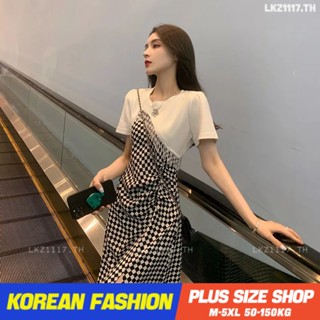 Plus size เสื้อผ้าสาวอวบ❤ เดรสสาวอวบอ้วน ไซส์ใหญ่ ผู้หญิง เดรสเสื้อยืด ยาว แขนสั้น คอกลม ลายสก็อต แยก ฤดูร้อน สไตล์เกาหลีแฟชั่น