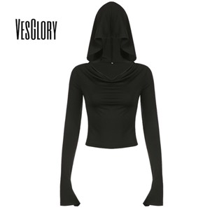 Vesglory เสื้อยืด คอกลม แขนโลมก มีฮู้ด เข้ารูป สีพื้น เซ็กซี่ แฟชั่นสําหรับผู้หญิง 2023