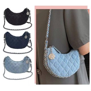 กระเป๋าสะพายไหล่ Denim Moon bag ผ้ายีนส์ แต่งสายโซ่ เข้ากับทุกการแต่งกาย พรีเมียม แฟชั่น ใส่โทรศัพท์ Pro ได้ มินิมอล Hot