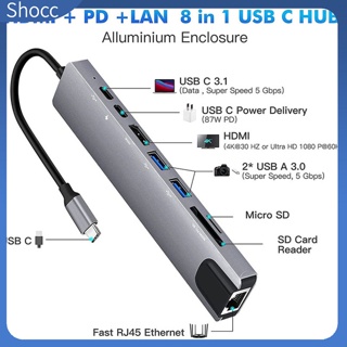 Shocc 8-in-1 อะแดปเตอร์ฮับ USB C 3.1 เป็น 4K RJ45 SD TF การ์ดรีดเดอร์ PD ชาร์จเร็ว เข้ากันได้กับ