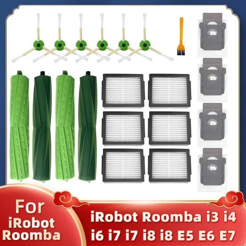 Irobot Roomba i3 i4 i6 i7 i8 j7 E5 E6 E7 อุปกรณ์เสริมแปรงหลัก หุ่นยนต์ดูดฝุ่น แปรงหลัก แปรงด้านข้าง ไส้กรอง แผ่นกรอง HEPA กรอง และถุงเก็บฝุ่น ถุงเก็บฝุ่น สําหรับหุ่นยนต์ดูด ล้อยาง