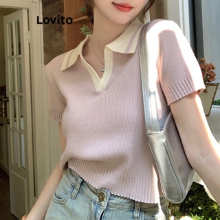 Lovito เสื้อถักลําลอง สีตัดกัน สําหรับผู้หญิง LNA16221 (สีชมพู/ดํา)