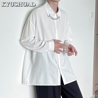 KYUSHUAD แนวโน้มฮิปฮอปสูงหลวมโซ่แจ็คเก็ตแขนยาวผู้ชายเสื้อเชิ้ตสีทึบใหม่