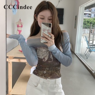 Cccindee ใหม่ เสื้อยืดแขนยาว เปิดไหล่ ป้องกันแดด เข้ารูป พิมพ์ลาย แฟชั่นสําหรับสตรี 2023