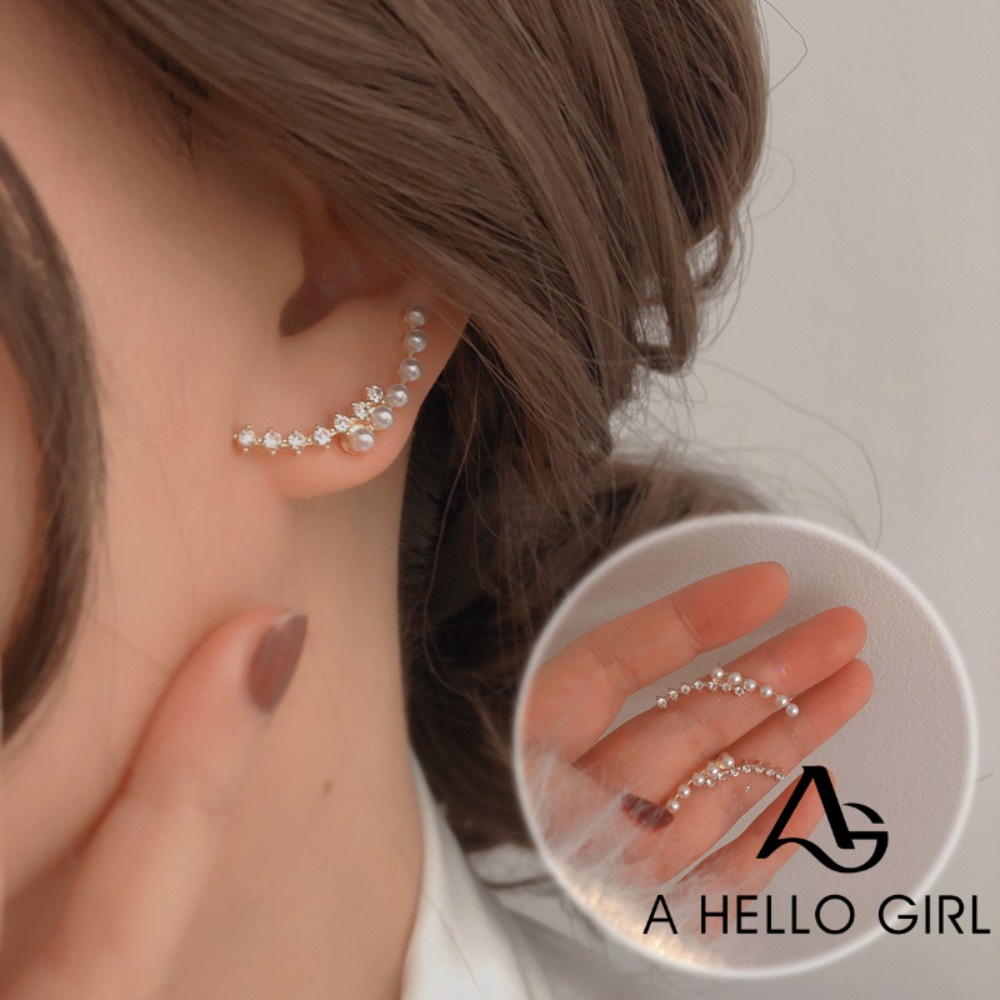 A HELLO GIRL ต่างหูสตั๊ด ประดับมุกคริสตัล พลอยเทียม สีเงิน เครื่องประดับแฟชั่น สําหรับผู้หญิง ปาร์ตี้