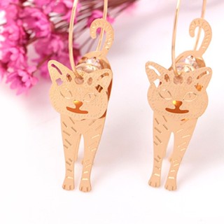 Cat Kitten Hollow Gold Color Metal Dangle Hoop Earrings Women Jewelry Gift