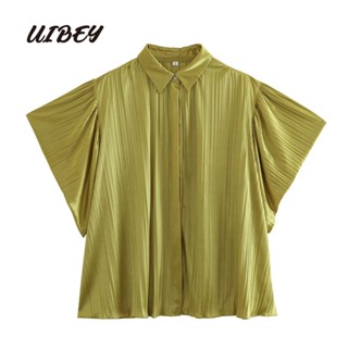 Uibey เสื้อเชิ้ต คอปก แขนพอง สีพื้น แฟชั่น 4439