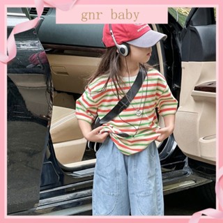 🍎GNR BABY🍓เสื้อยืดลําลอง แขนสั้น ลายทาง แฟชั่นสไตล์เกาหลี สําหรับเด็กผู้หญิง อายุ 3-12 ปี