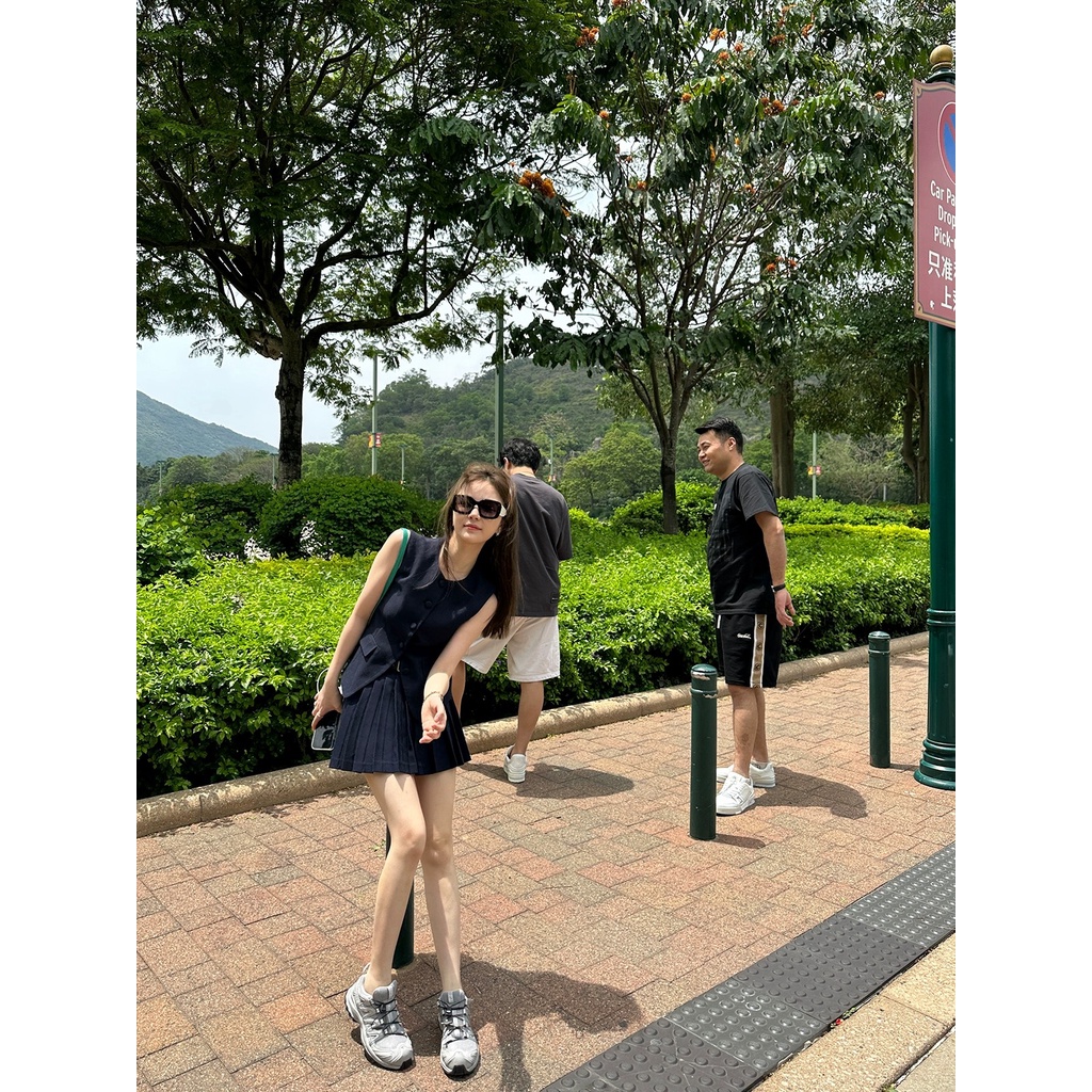 ชุดเซตสไตล์เกาหลี【เซต2ชิ้น】💕คอกลม เสื้อกั๊กสูท+กระโปรงจีบ, 2 ตัวเลือกสี 💕S-XL