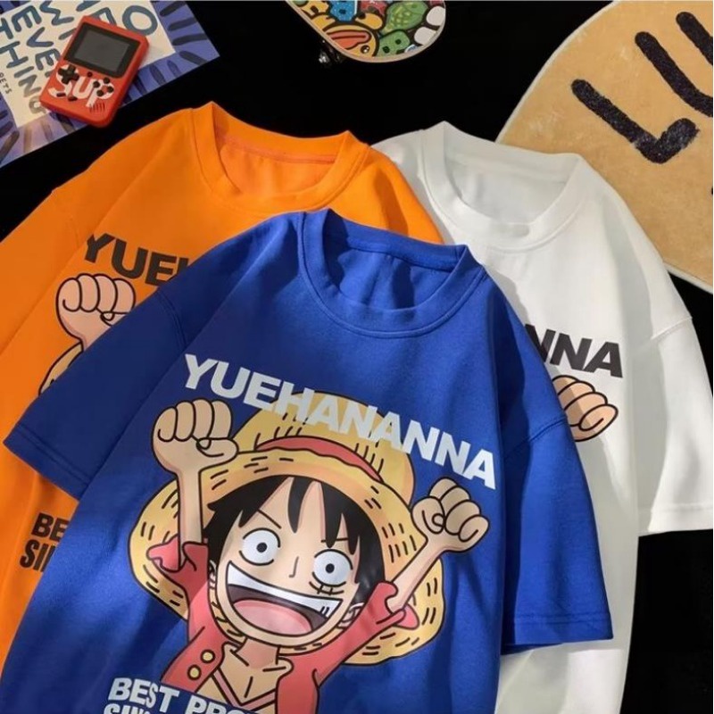 เสื้อยืด ทรงหลวม พิมพ์ลายอนิเมะวันพีช ลูฟี่ โอเวอร์ไซซ์ สไตล์เกาหลี สตรีท แฟชั่นสําหรับผู้ชาย ไซซ์ M - 8XL