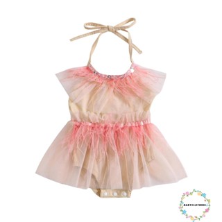 Babyclothes- ชุดรอมเปอร์ ผูกคอ เปลือยหลัง ลายขนนก สําหรับเด็กผู้หญิง 0-18 เดือน