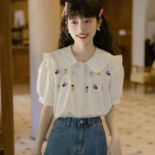 เสื้อเชิ้ต คอตุ๊กตา ปักลายหูไม้ สีพื้น สําหรับผู้หญิง
