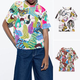 Zara 23 เสื้อยืดคอกลม แขนสั้น พิมพ์ลาย ทรงหลวม เข้ากับทุกการแต่งกาย แฟชั่นฤดูร้อน สําหรับผู้หญิง0264380